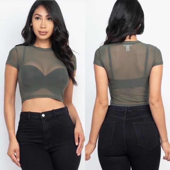 OLIVE SHORT SLEEVE CROPPED TOP SHEER MESH SHIRT - Picture 1 of 7